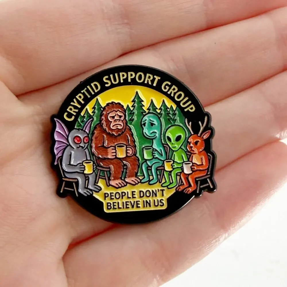Cryptid Support Group Enamel Pin Bigfoot Alien Mothman Cute Weird Gift